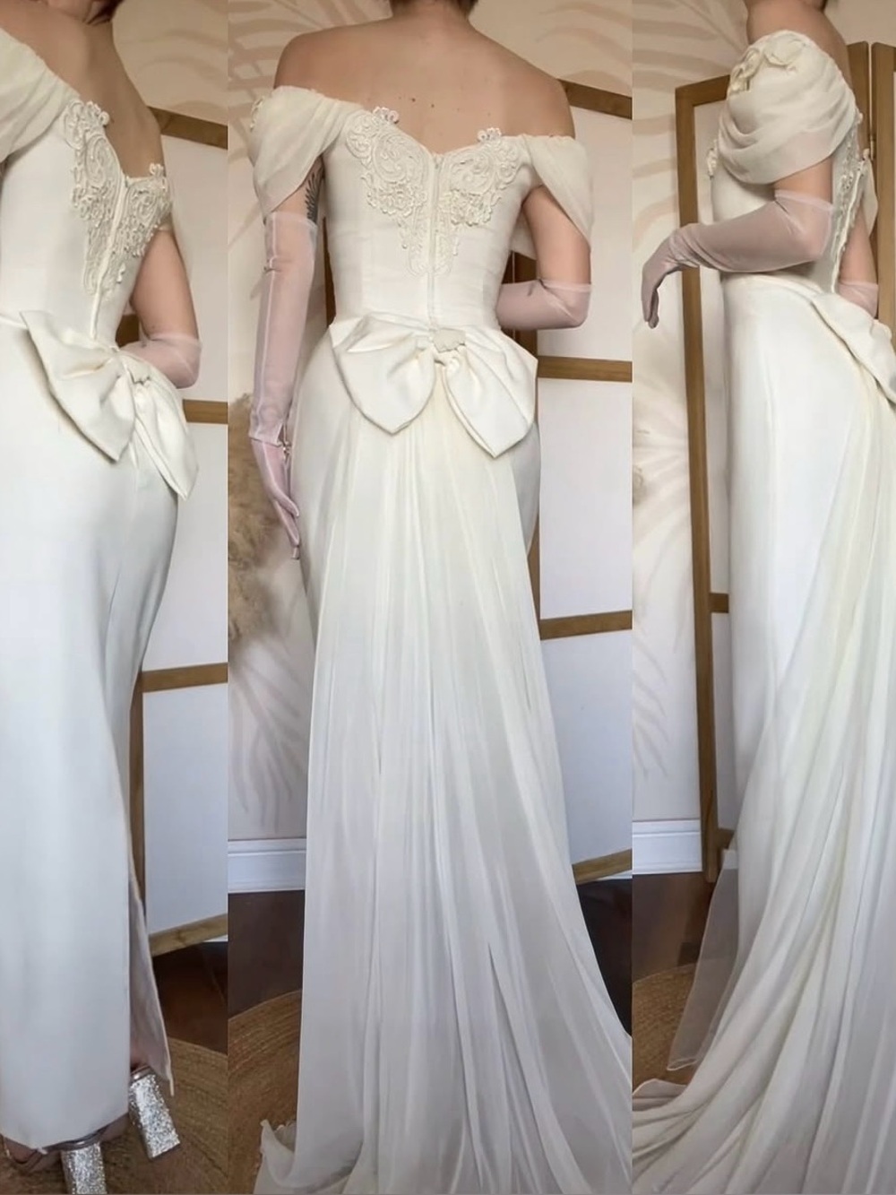 Vintage Off-Shoulder Ivory Bridal Gown with Draped Bow Back - Picture 3 of 7